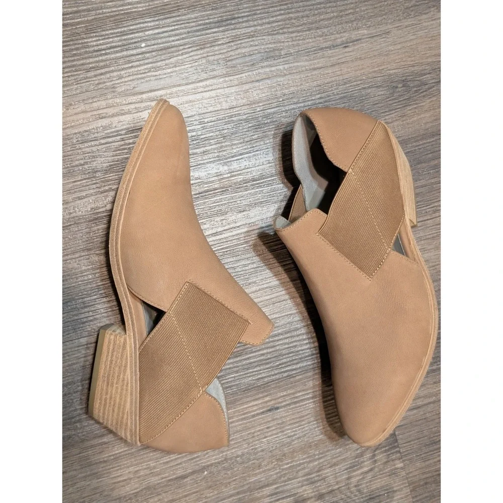 Eileen Fisher Perry Leather Ankle Booties Side Elastic‎ Heel Tan Size 8.5